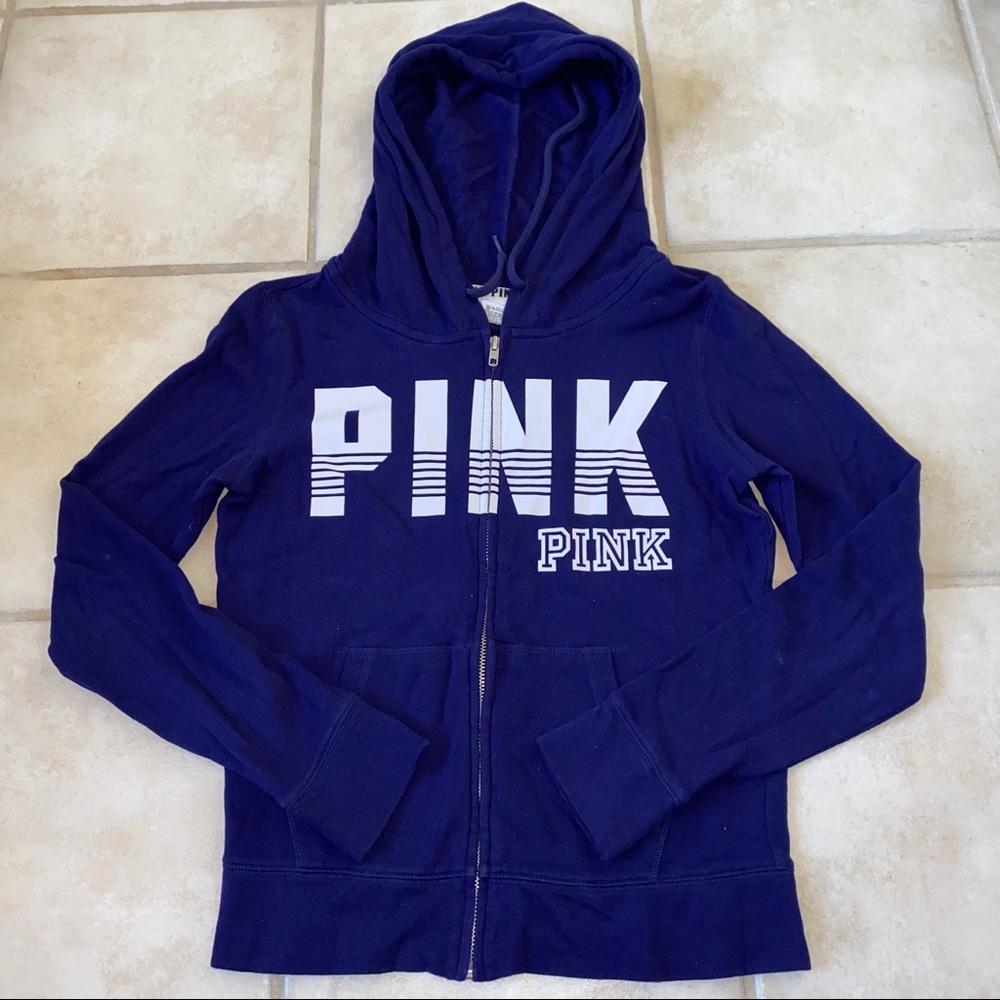 Pink VS nav and white zip up pocketed hoodie sz XS
